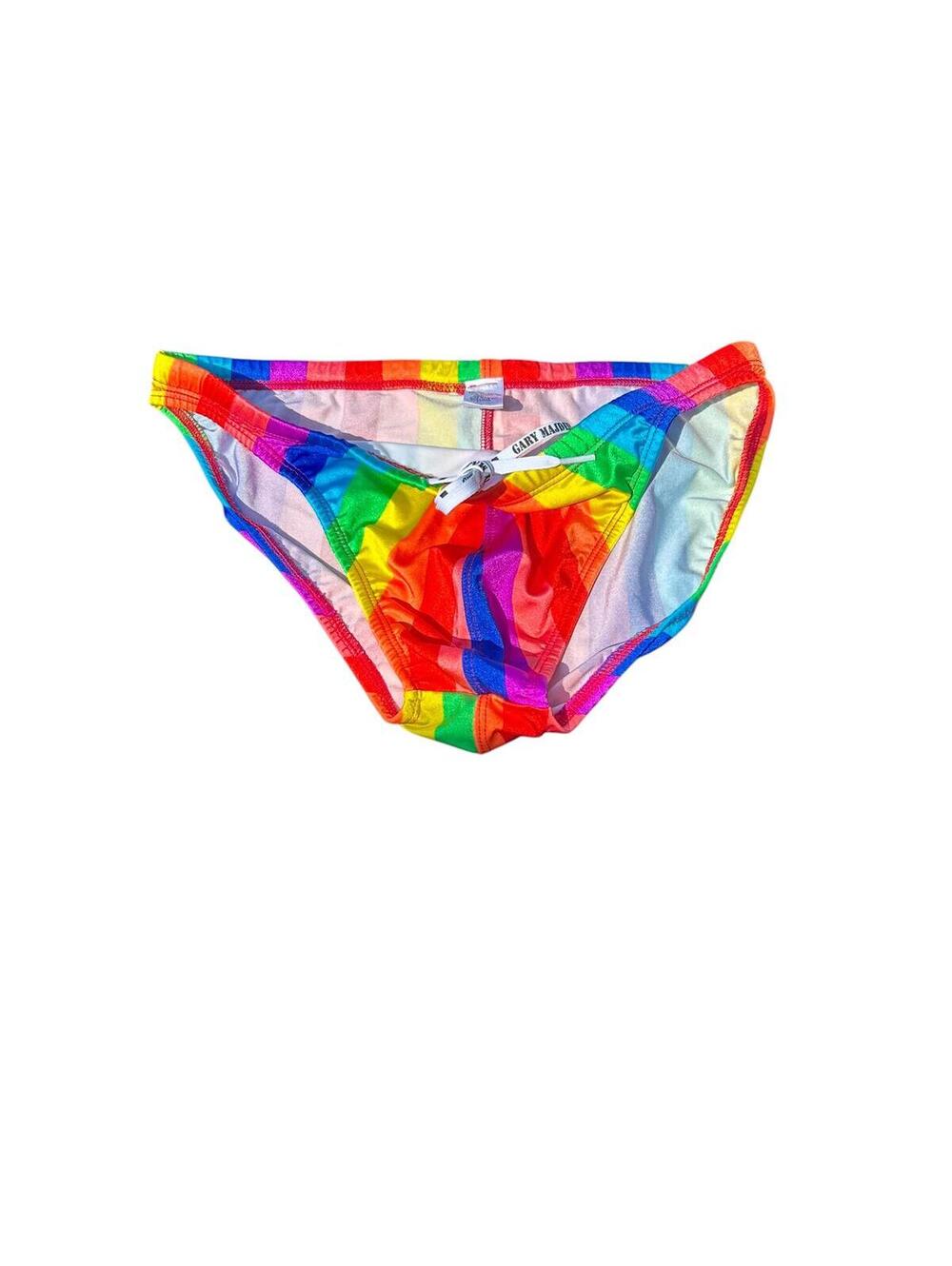 GARY MAJDELL rainbow vertical stripe colorful men’s swim bottom brief trunks XL